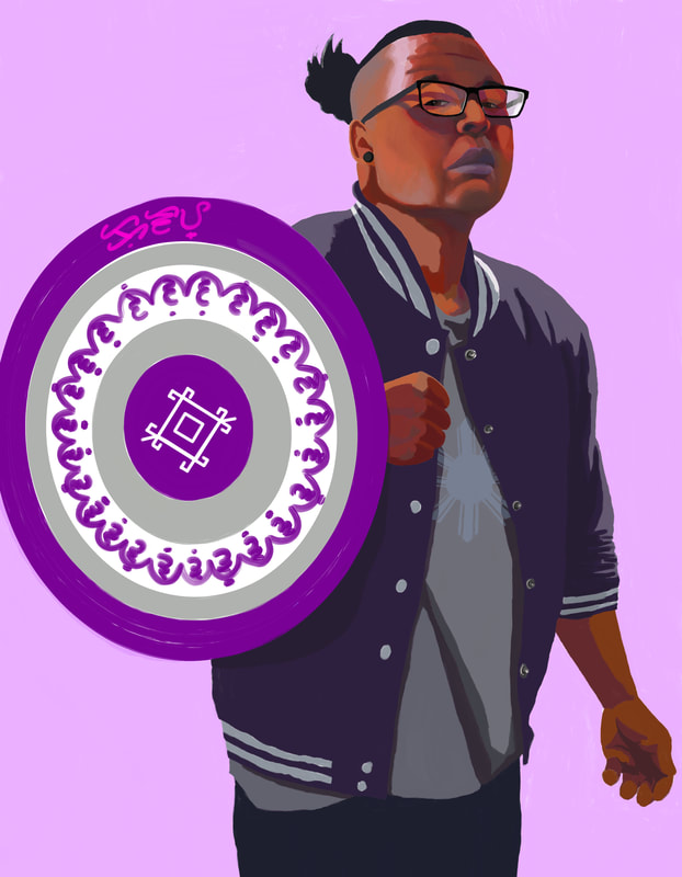 Brown Asian with pony tail, glasses, bomber jacket, and striped shield with Filipino designs