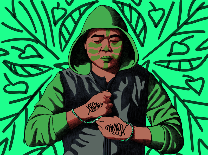Asian man in hooded jacket, marks painted on his face, Baybayin script on his hands, holding prayer beads, standing in front of leaf patterned background.
