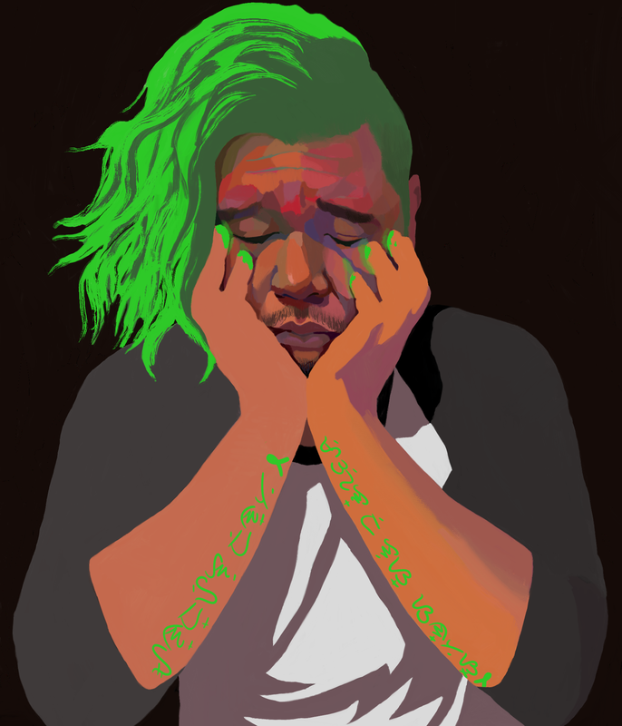 Asian man with green hair, green fingertips, and green Baybayin script on forearms holding his head into his hands.