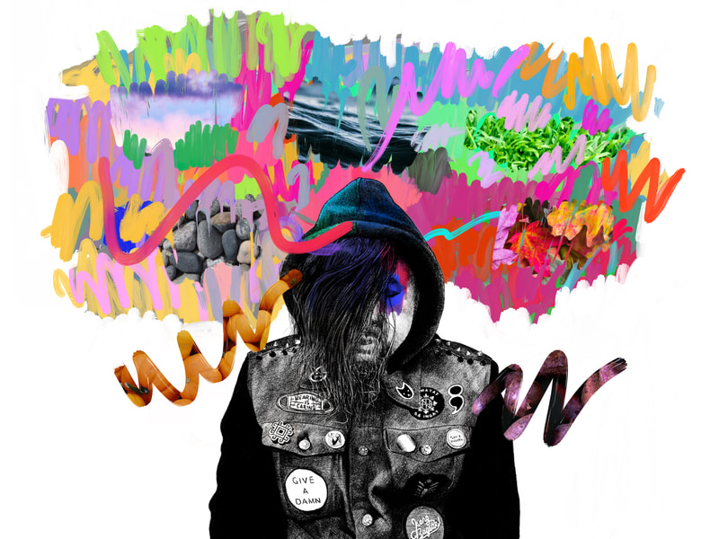 Asian man with long hair covering his face and wearing a hooded jacket is encircled by colorful paint strokes.