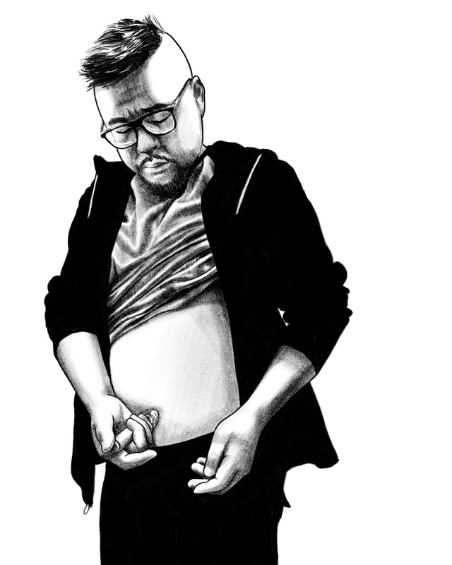 Asian man with messy hair and beard, wearing glasses, hoodie, and shirt, with shirt pulled up and has an injection pen pressed against his stomach.